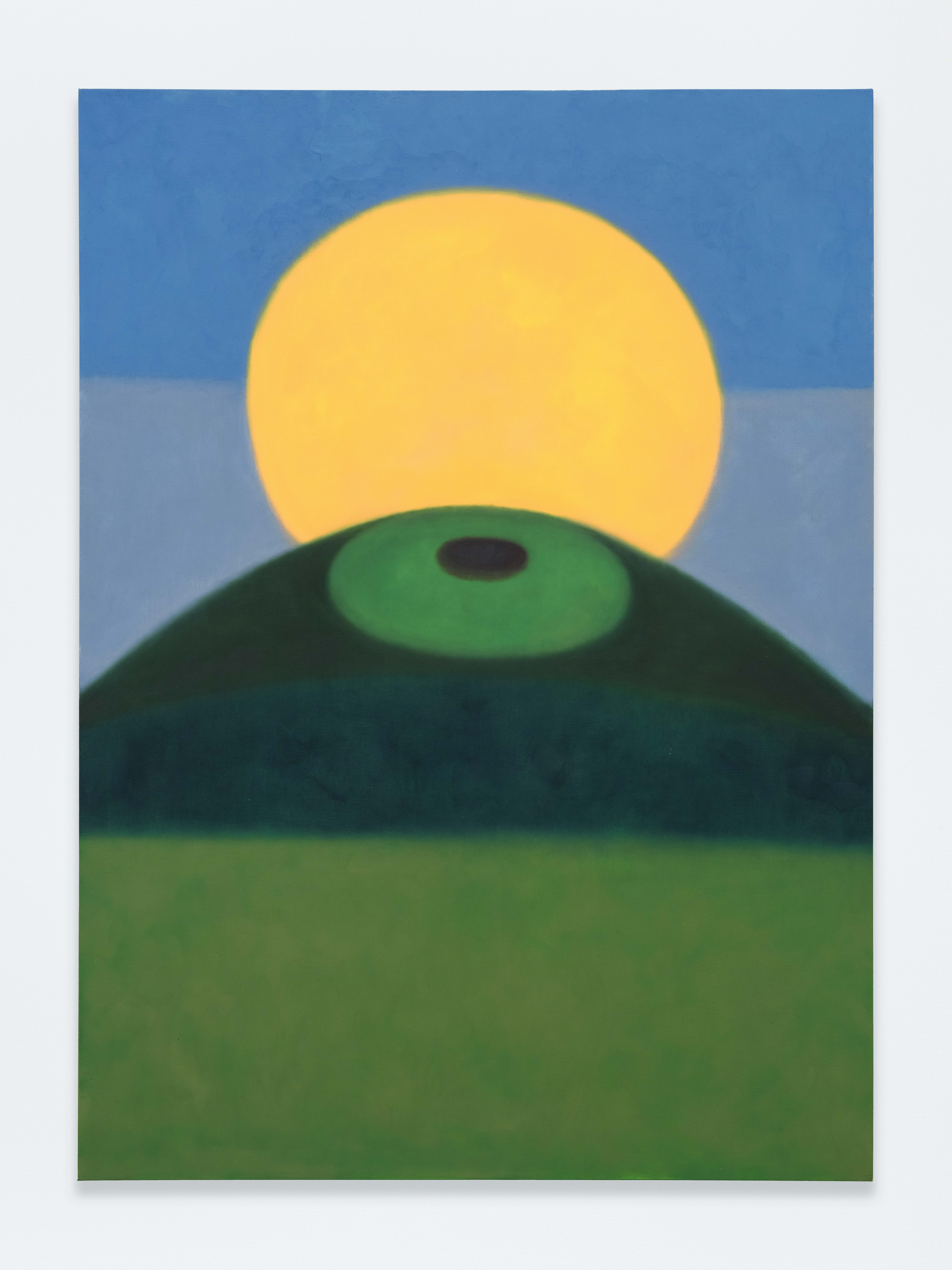 A painting with a green hill like shape in front of a yellow sun against a two toned blue sky.