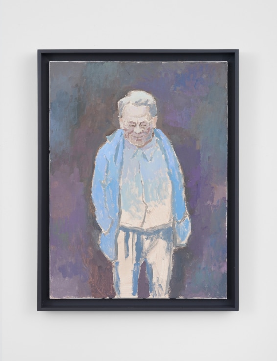 painting of an elderly man in a light blue coat looking downward