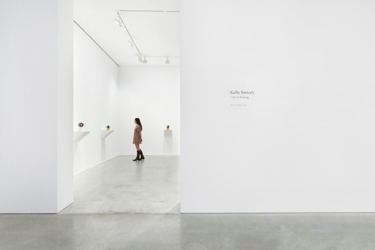 exhibition entrance revealing a person walking around the gallery