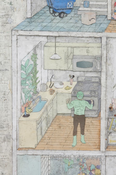Close-up shot of an illustration depicting the kitchen of a dollhouse with a green figure by SIMON EVANS &trade;.