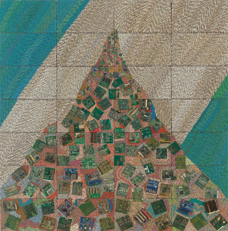 imperfect triangle shape composed of electronic components against a blue and beige background