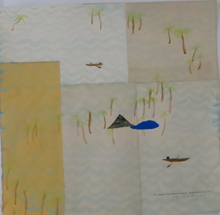 map made up of different pieces of paper with palm trees, two row boats, and an oasis in the center