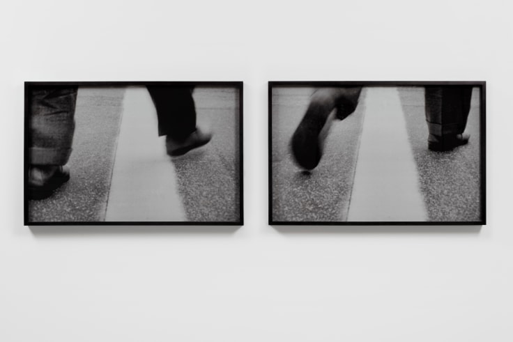 two grayscale photographs of walking feet