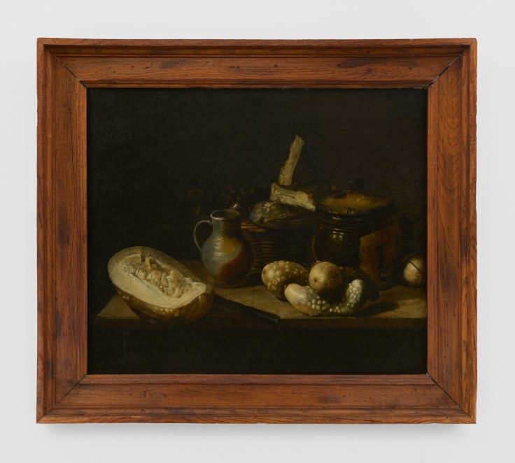 Image of SPANISH SCHOOL's Still Life with Squash, Gourds, Stoneware, and a Basket with Fruit and Cheese, mid-17th Century