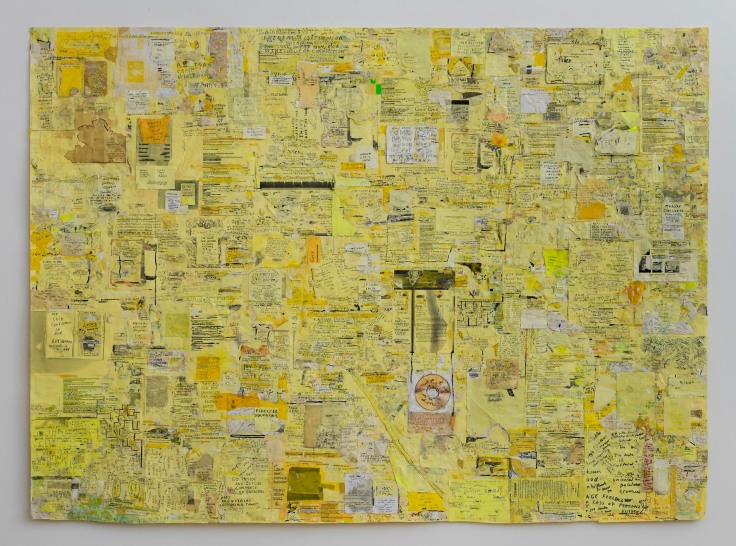Yellow sticky notes collaged together with writing and drawing over them by SIMON EVANS&trade;.