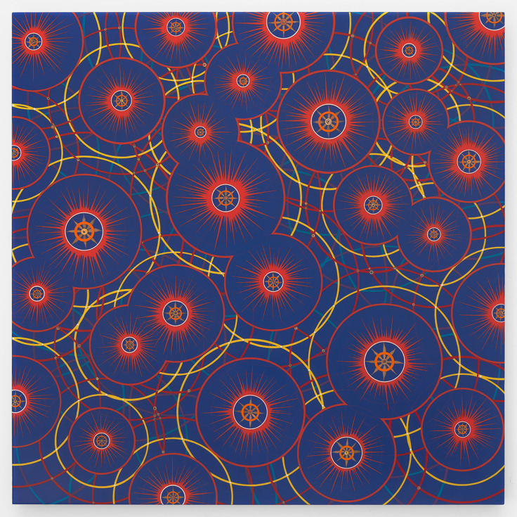 Blue painting with red circles