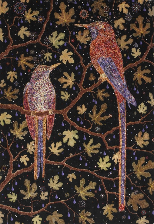 , FRED TOMASELLI,&nbsp;After Migrant Fruit Thugs,&nbsp;2008,&nbsp;Wool background, silk birds with&nbsp;metallic thread detail,&nbsp;98 x 64 inches, Edition of 5 + 3 AP
