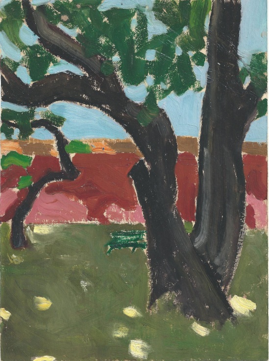 lush tree with a green bench next to it
