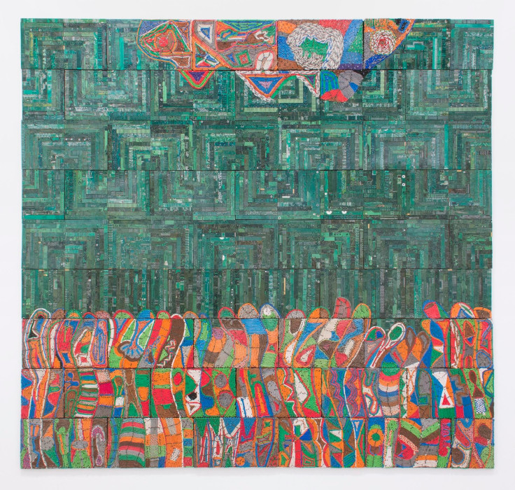 multicolored wavy lines at the bottom and a multicolor blob at the top with a green background