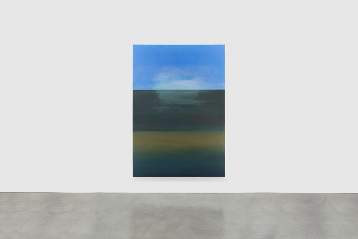 A three sectioned abstract painting depicting the sky, the ocean and a gradient of yellow and dark blue