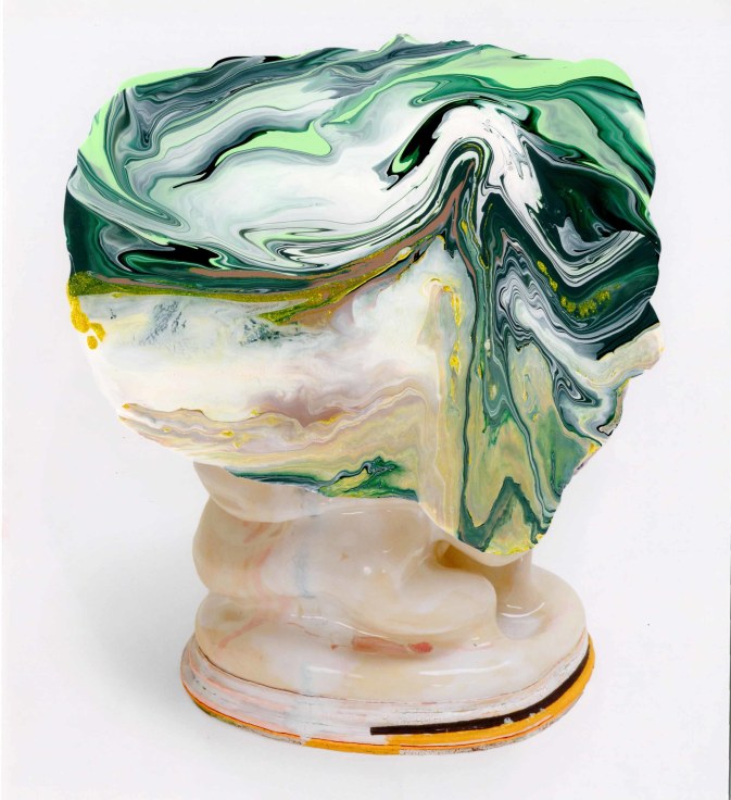 Image of a sculpture obscured by swirling green and white nail polish by Kathy Butterly.