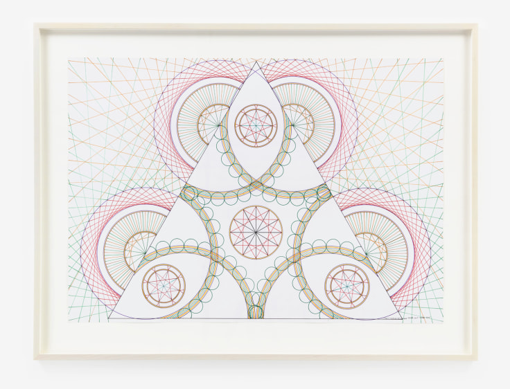 Geometric mandalas composed around a center triangle on paper by Monir Shahroudy Farmanfarmaian.