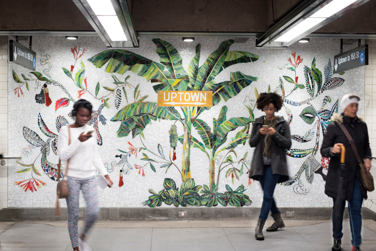 Mosaic wall insallation of tropical fauna in a subway station by Firelei B&aacute;ez.
