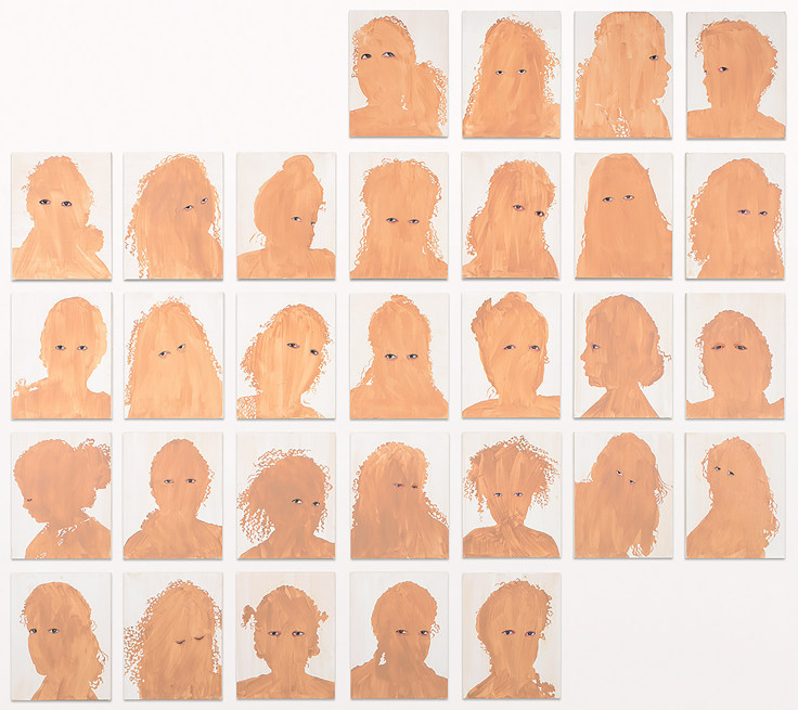 A series of beige portraits in which the body is rendered two-dimensional besides for the realistic eyes by Firelei B&aacute;ez.