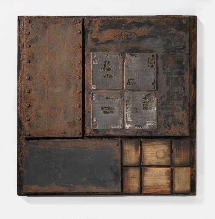 Car battery cells, mixed media, and wood assemblage on board