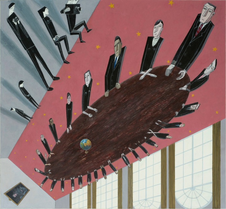 People dressed in black sit around oval-shaped conference table in a distorted room