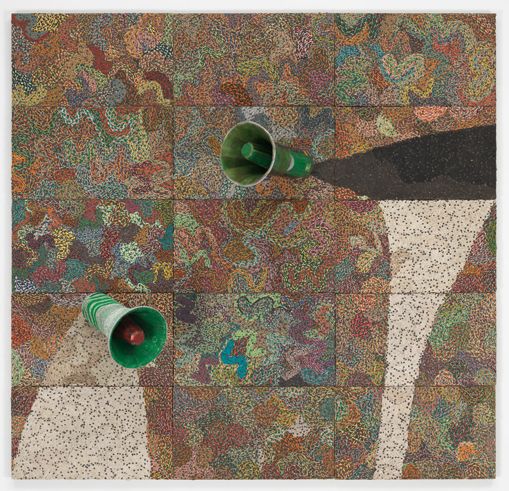 two megaphones emerging from a panel holding reclaimed electrical components forming multicolored shapes and forms