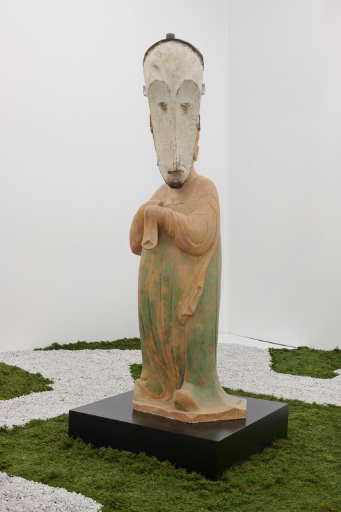 Image of XU ZHEN's Evolution-Tang Dynasty Painted Pottery Figure Court Lady, Fang Ngil Ceremonial Mask, 2016