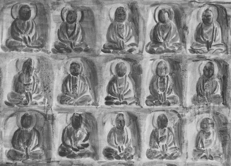 , SHI ZHIYING&nbsp;Rock&nbsp;Carving of Thousand Buddhas&nbsp;(detail),&nbsp;2014-15&nbsp;Oil on canvas&nbsp;78 11/16 x 118 1/16 in. (200 x 300 cm)