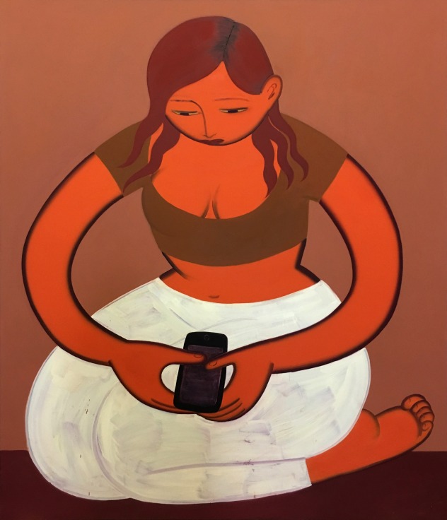painting of a woman kneeling while looking at her phone