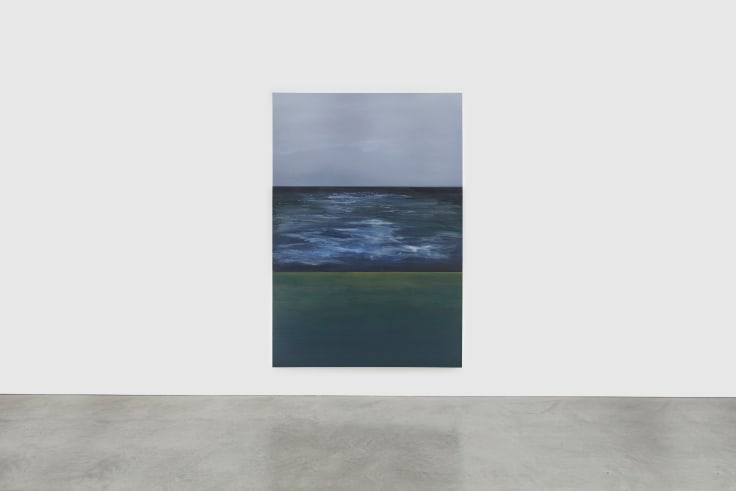 A three sectioned painting depicting the sky, the ocean and a gradient from yellowish blue to dark blue