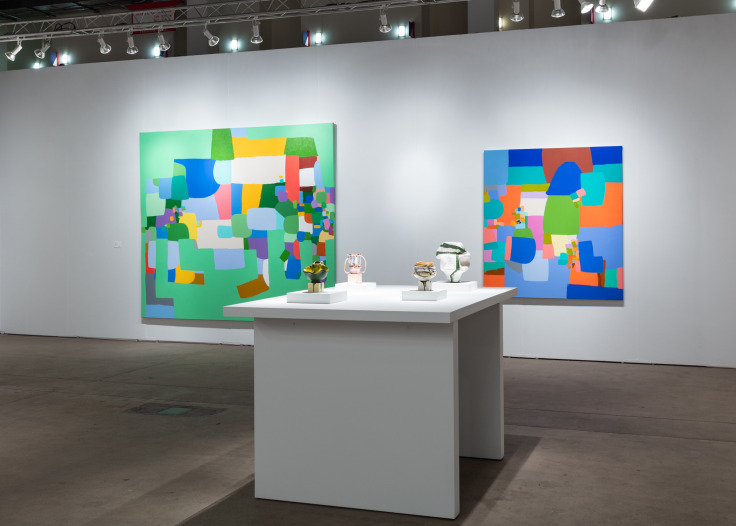 James Cohan's booth at EXPO Chicago featuring work by Kathy Butterly, Federico Herrero, Jordan Nassar, and Elias Sime