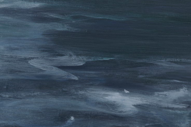 An abstract depiction of sea in dark blue and pale blue and brushstrokes with different densities