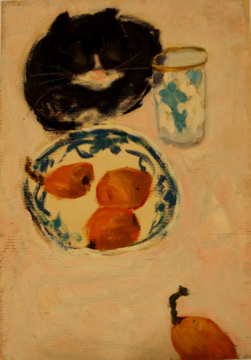 painting of a bowl with fruits, a painted glass, and a black and white cat resting next to it