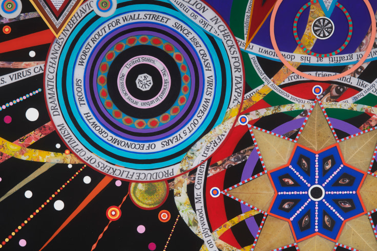 circles and stars composed of different colors and words