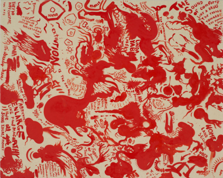 red and eggshell abstract painting made up of biomorphic shapes and words