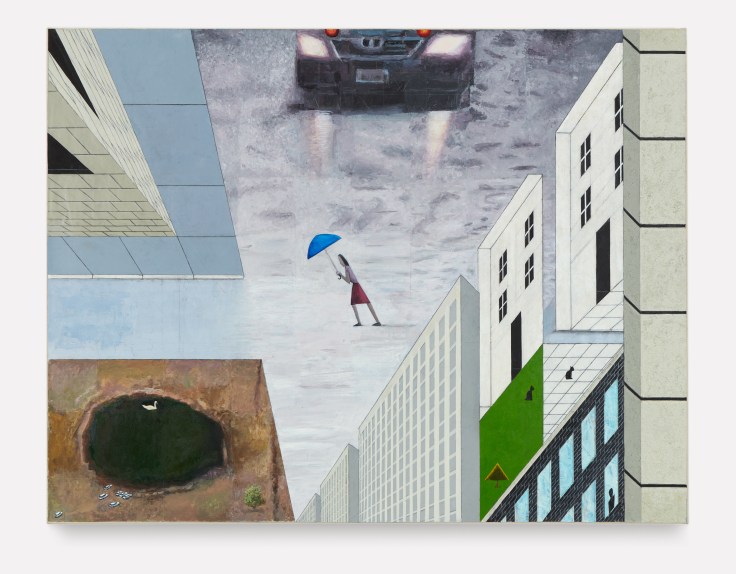 An upside-down, isometric view of cityscape where a car drifts in the gloomy sky and a person walks with a blue umbrella