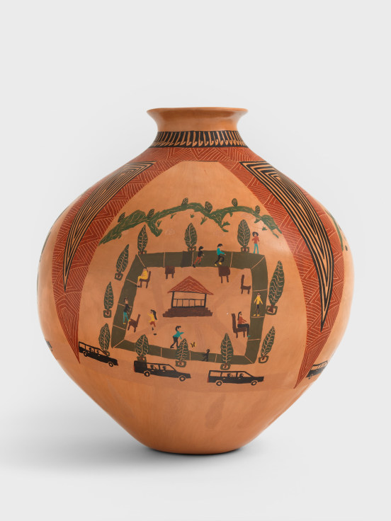 Ceramic pot made from clay collected from the Sierra Madre Occidental mountain range in Northern Mexico and painted with locally-sourced mineral pigments.