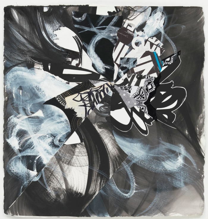 , SHINIQUE SMITH&nbsp;Werewolf Thunders in the Village,&nbsp;2014&nbsp;Ink, acrylic, fabric, and collage on paper&nbsp;23 1/2 x 23 in. (59.7 x 58.4 cm)