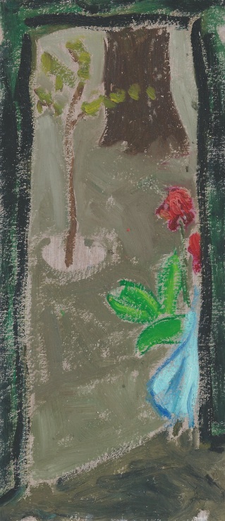 doorway leading to a yard with a young tree and red flowers