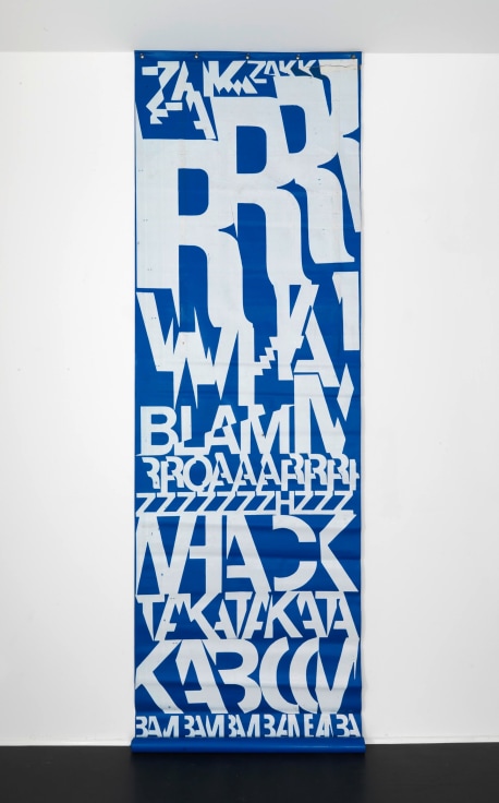 giant blue comic strip with text sound effects
