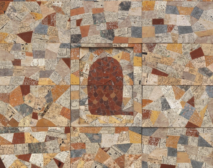 close up of a brown rounded shape surrounded by other shapes of yellow, brown, and white