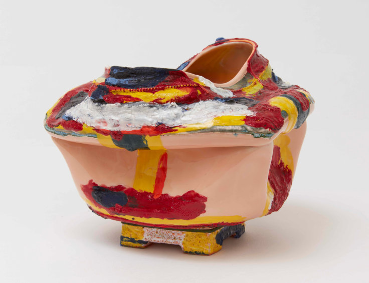 Multicolor, caved-in clay pot by Kathy Butterly.