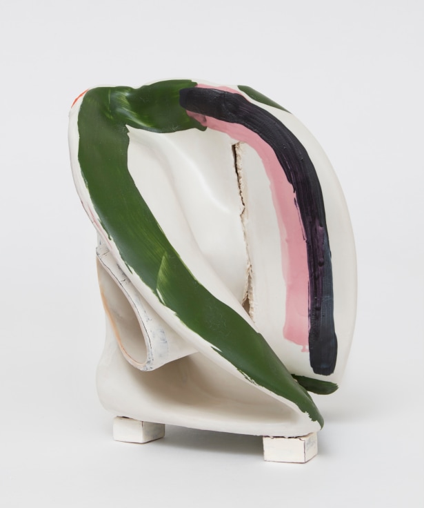 White sculpture, twisted, with strong colored lines by Kathy Butterly.