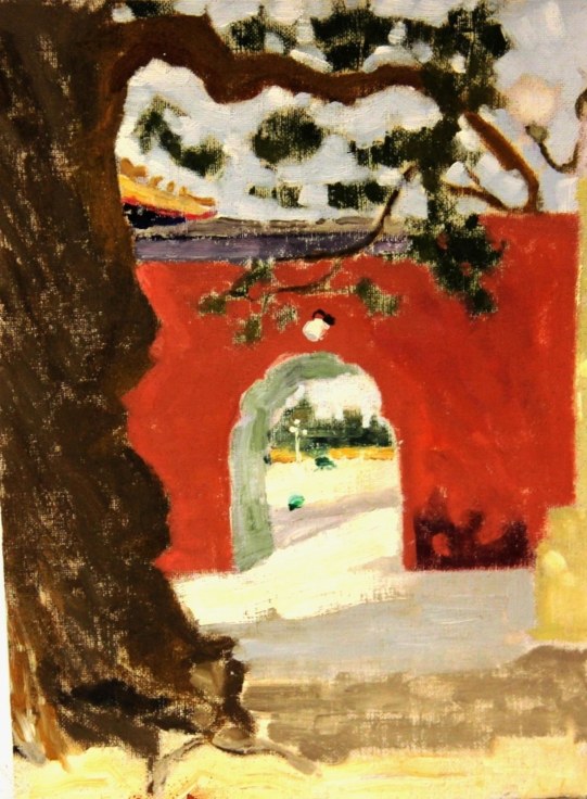 painting of a red wall with an opening to the other side