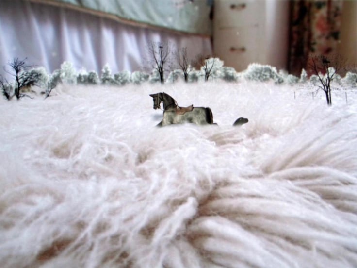 small rocking horse in a fluffy carpet with trees in the background