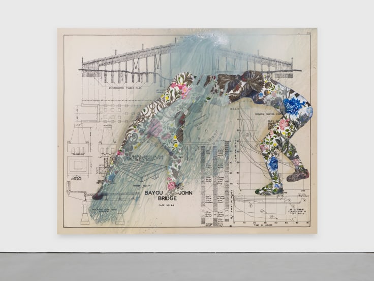 Industrial diagram with overlaid figures in floral pattern and painted water by Firelei B&aacute;ez.