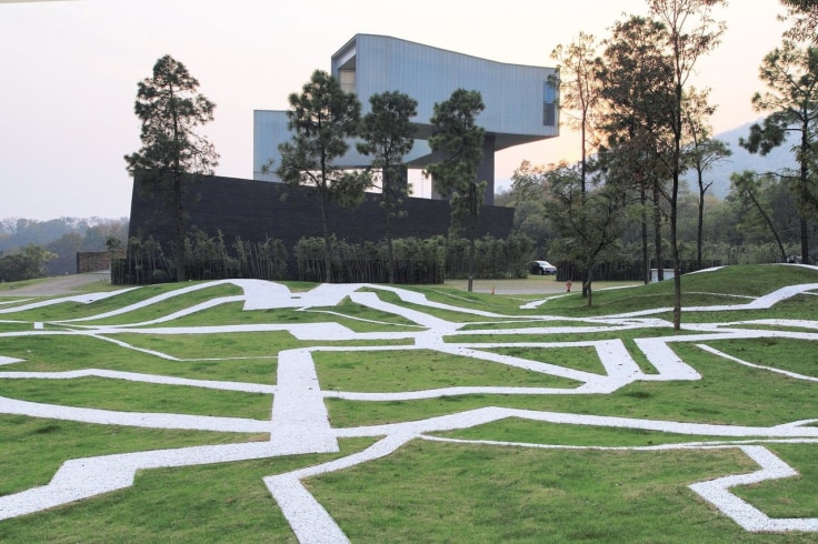 zig-zag trails in between patches of grass