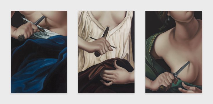 three separate paintings of feminine figures stabbing themselves in the chest