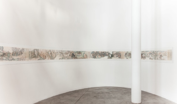 Long scroll painting depicting humans and landscape hung on a curved wall