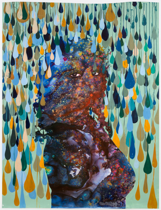 Painting of a cosmically-colored abstracted figure being rained on by drops of color by Firelei B&aacute;ez.