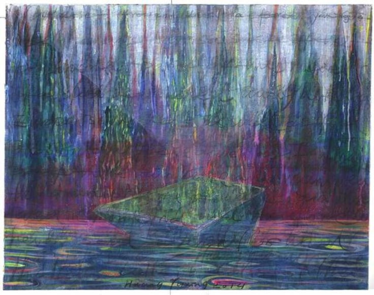 psychedelic landscape with superimposed text and a mysterious geometric shape emerging from the liquid-like surface