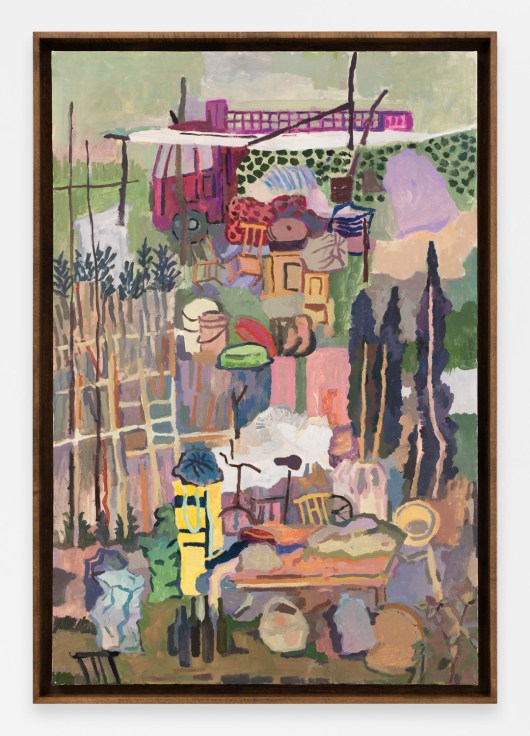 a painting of scattered personal items in front of a red truck