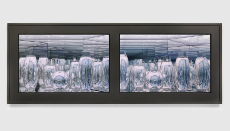 Large glass installation with light box and walnut frame incorporated