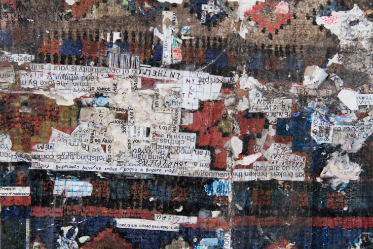 Detail image of a collaged, multi media depiction of a prayer rug by SIMON EVANS&trade;.
