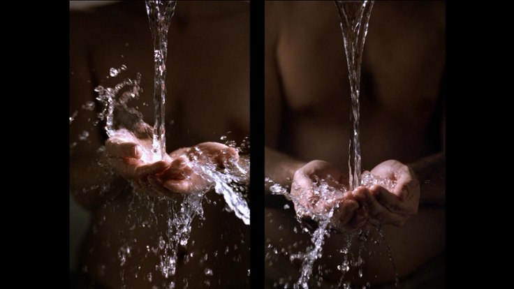 , BILL VIOLA&nbsp;Ablutions,&nbsp;2005 Color video diptych on plasma displays mounted vertically on wall